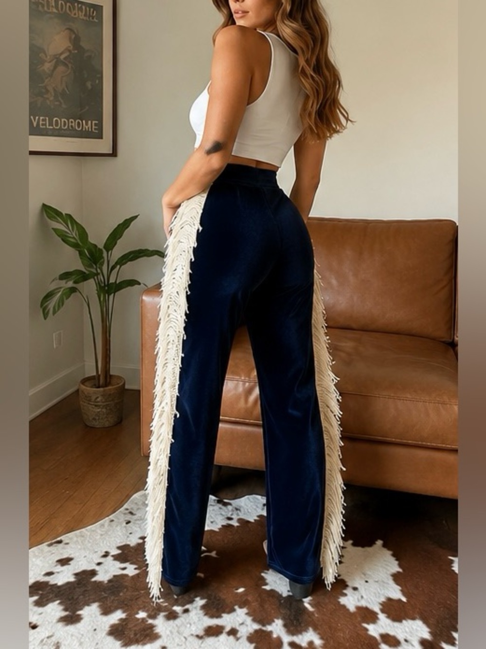 Navy Velvet cowgirl Fringe Pants